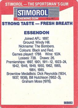 1990 AFL Scanlens Stimorol #25 Essendon Bombers Back